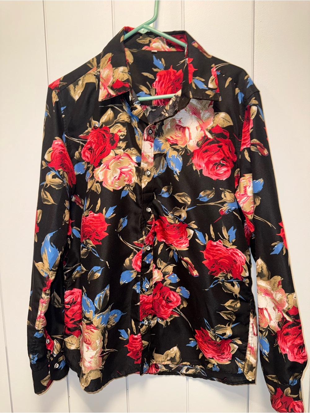 Men's Black Floral Button-Up Shirt with Red Rose Print